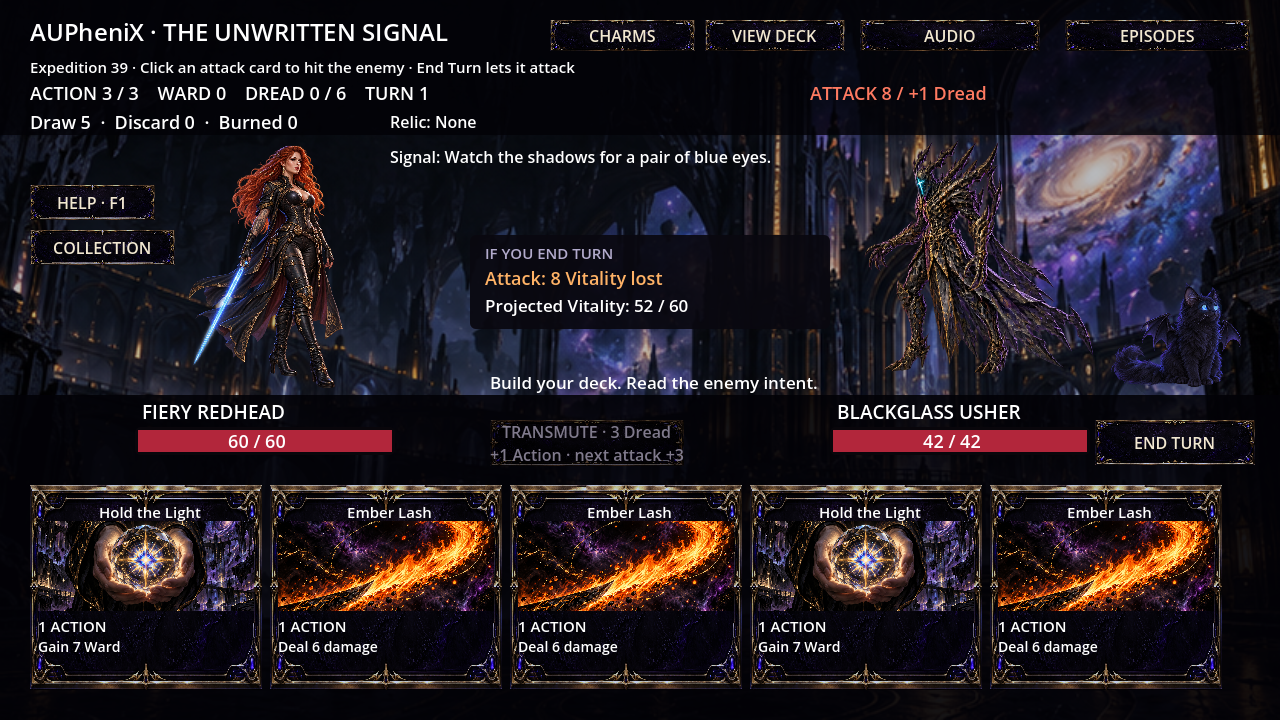 Fiery Redhead faces Blackglass Usher, with cards and enemy attack intentions visible.