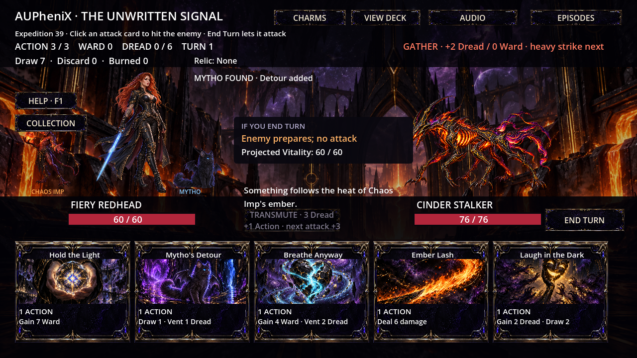 Chaos Imp and Mytho appear beside Fiery Redhead during a Cinder Stalker encounter.